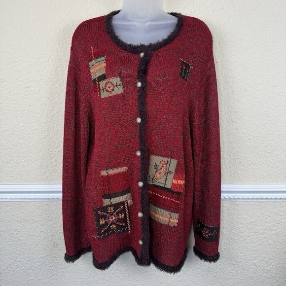 Vintage sz 1X Sweater Cardigan Button Red Embroidery Fall Patchwork Artsy - Picture 1 of 8